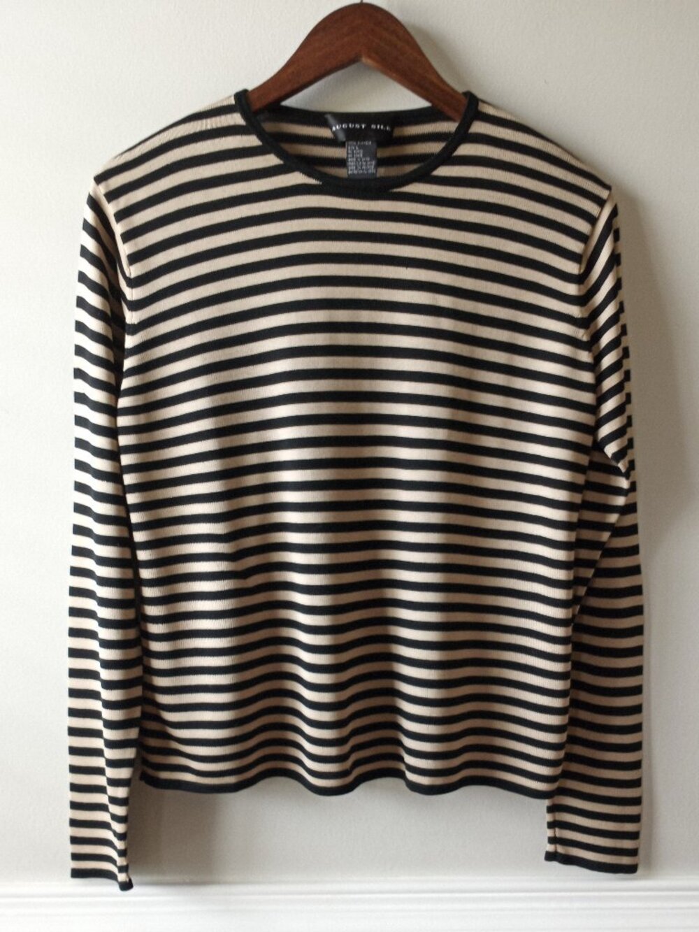 'August Silk' Black & Tan Striped Fine Knit Sweater Size L EUC